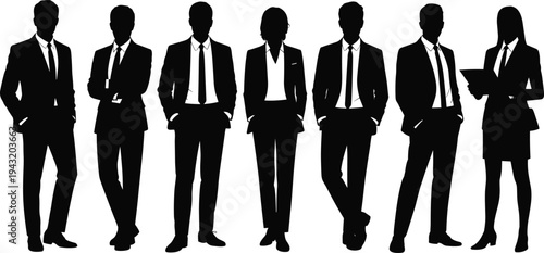 Silhouettes of business people and professionals in formal suits standing together in a row as a successful corporate team isolated on white background.