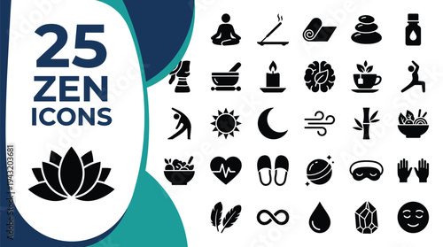 A collection of 25 zen icons representing meditation, wellness, and relaxation.