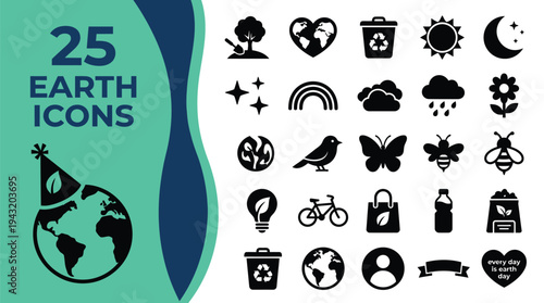 A collection of 25 diverse Earth and environmental icons for design.