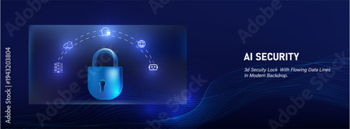 AI cloud security concept with 3D lock symbol, cyber protection system for data privacy, secure network and digital information safety.