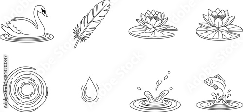 Collection of line art icons representing nature elements like swan, feather, water lilies, and fish