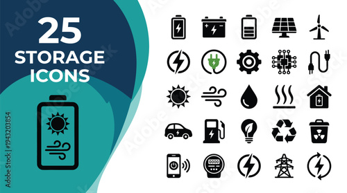 Collection of storage and energy icons representing various power sources and technology.