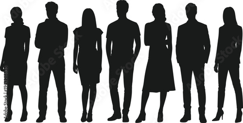 Diverse group of professional men and women silhouettes wearing business casual and formal attire standing in confident poses isolated on white background for teamwork.