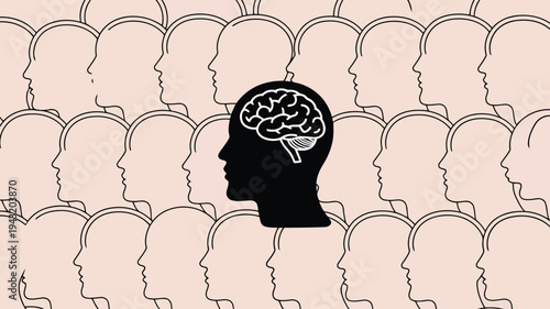 A prominent black human head silhouette stands out among many light outlined profiles revealing a brain