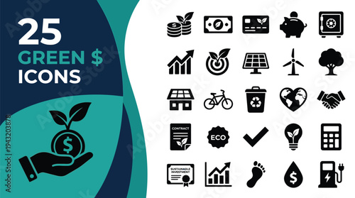 Collection of 25 green icons representing finance and environmental concepts.