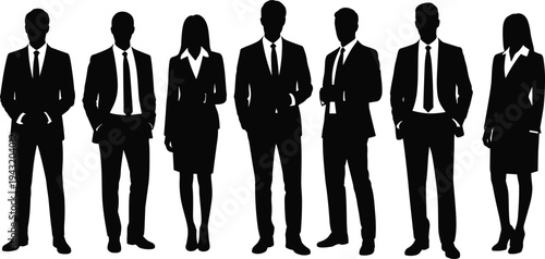 Large set of professional business people silhouettes wearing formal suits and blazers standing in confident poses isolated on white background for corporate leadership concepts.