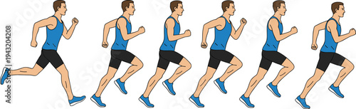 Man running sprite sheet sequence with different animation frames for jogger athlete character flat vector illustration isolated.