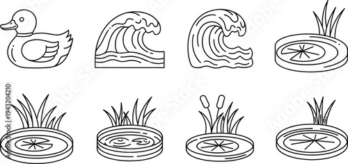 Collection of simple line art icons representing water elements and a duck