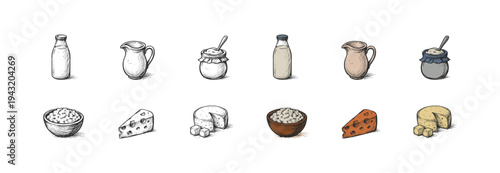 Collection of hand-drawn dairy products including milk, cheese, and yogurt in various containers. Vector