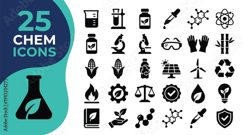 A collection of 25 chemistry and science icons representing various scientific concepts and industries.