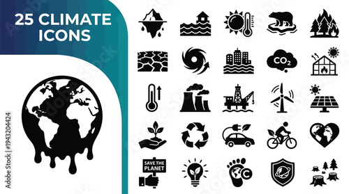 A collection of 25 climate change icons illustrates global warming and environmental issues.
