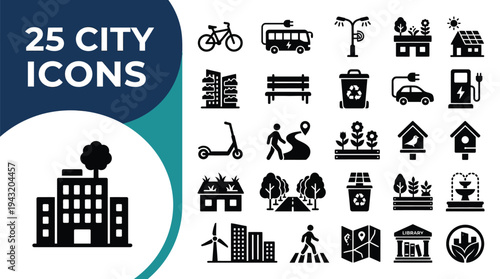 Collection of 25 city icons representing urban life and sustainability.