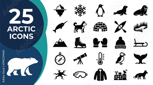 Collection of 25 arctic icons including animals, weather, and equipment.
