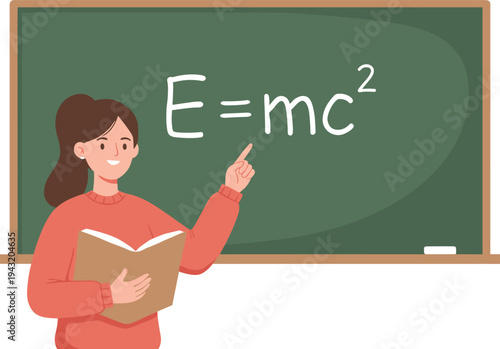 Young female teacher holding a book and pointing to physics formula on green chalkboard in classroom flat vector illustration.