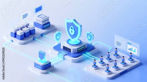 AI digital workforce safeguards enterprise technology with secure cyber defense on isometric system