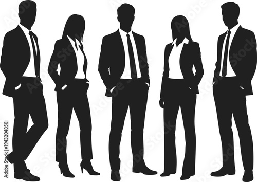 Set of professional business people silhouettes wearing formal suits and blazers standing in confident poses isolated on white background for corporate team leadership concepts.
