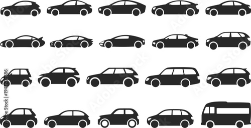 Car silhouette icon set featuring sedan, hatchback, suv, wagon, compact car and bus side view vehicle vector collection