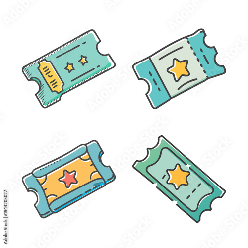 Collection of four colorful cartoon event tickets with stars and borders