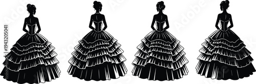 Elegant women ball gown silhouettes with layered ruffle skirts, fashion design progression, ornate dress illustration, stylish evening wear vector art