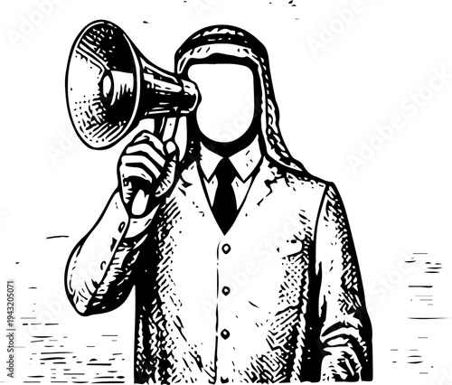 Black and White Vector Illustration of Faceless Arab Businessman in Keffiyeh and Suit Shouting Through Megaphone Announcement