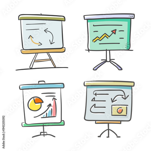 Doodle-style flip charts displaying charts, graphs, and arrows for business planning.