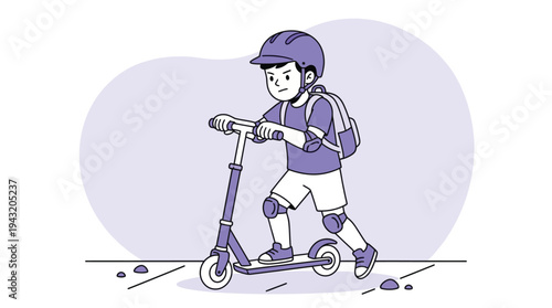 Energetic Young Boy in Helmet and Protective Gear Riding a Kick Scooter with Backpack on a Casual Day