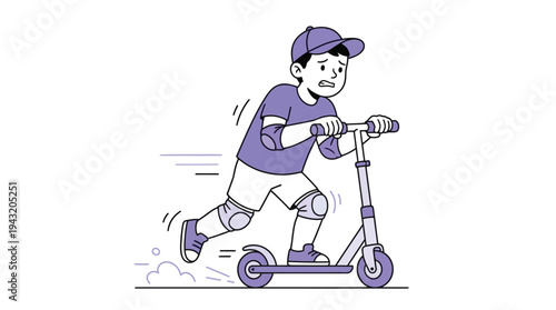 Anxious Child Riding a Kick Scooter, Wearing Safety Pads, Expressing Fear and Hesitation in Learning