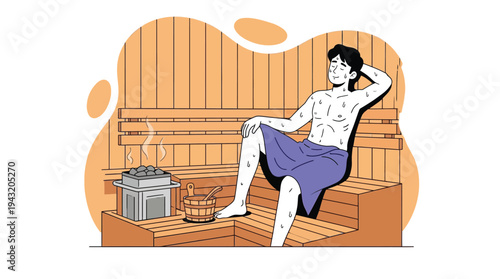 Illustration of a Young Man Enjoying a Relaxing Hot Steam Bath in a Traditional Wooden Sauna for Wellness and Stress Relief