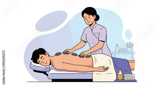 Relaxing Hot Stone Back Massage for Male Client by Professional Female Masseur at Spa for Wellness and Stress Relief.