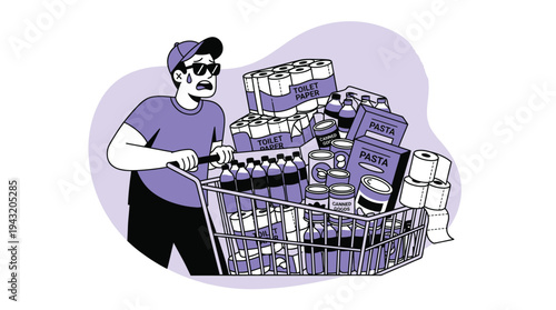 Distressed Man Pushing Overloaded Shopping Cart with Panic-Bought Toilet Paper, Pasta, and Canned Goods