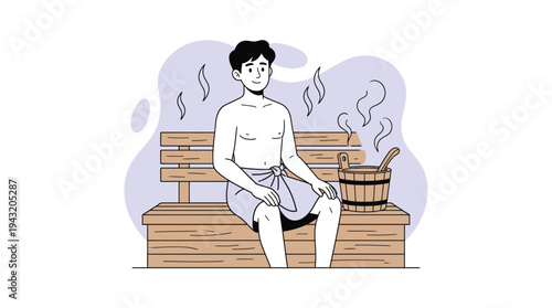 Young man enjoying a relaxing steam bath session in a traditional wooden sauna, feeling refreshed and calm. Self-care and wellness concept.