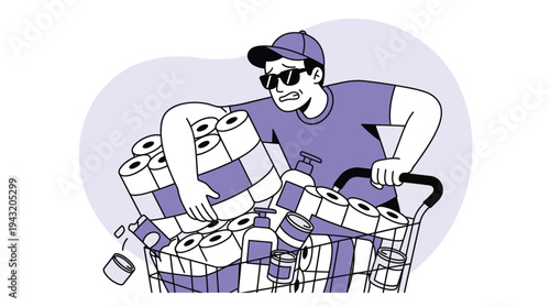 Overwhelmed Man Struggling with an Overflowing Shopping Cart Filled with Toilet Paper and Essentials During a Crisis
