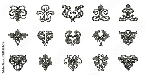 Elegant decorative ornamental elements set isolated on black