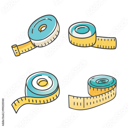 Set of four measuring tapes with yellow tape and blue casing, for sewing or construction.