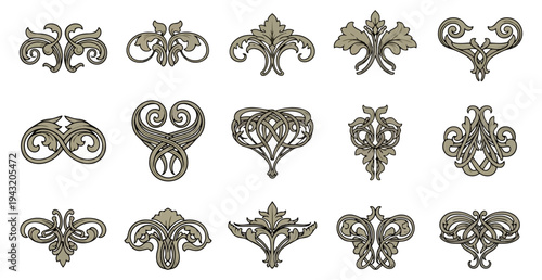 Ornamental floral design elements collection on black background