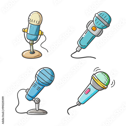 Four hand-drawn microphones, including studio and handheld types, vector illustration