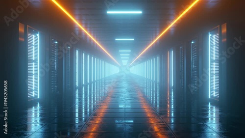 Futuristic neon corridor with glowing lights and reflective floor