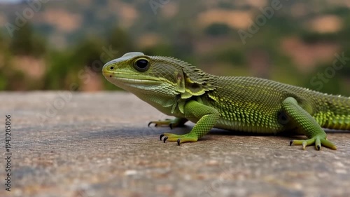 Green lizard on concrete surface outdoors.