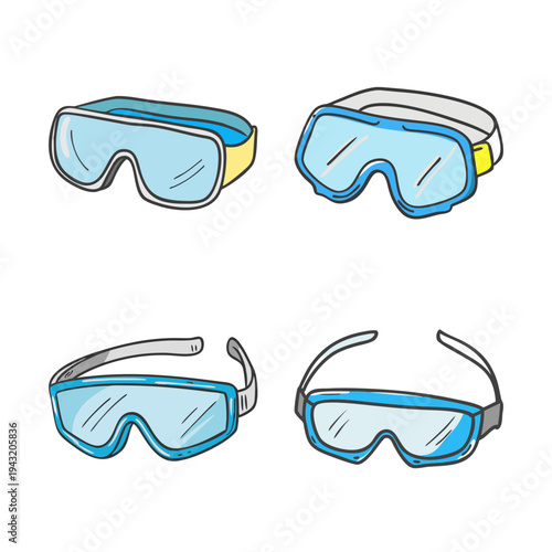 Group of four safety goggles with blue lenses and straps for eye protection.