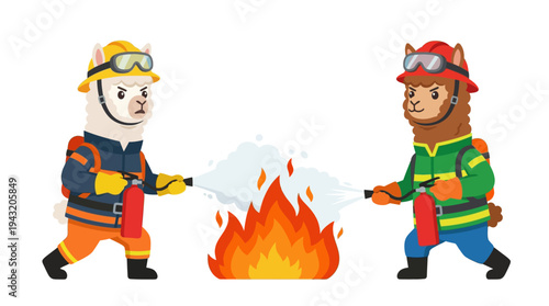 Two Llamas Dressed as Firefighters Extinguishing a Fire with Fire Extinguishers