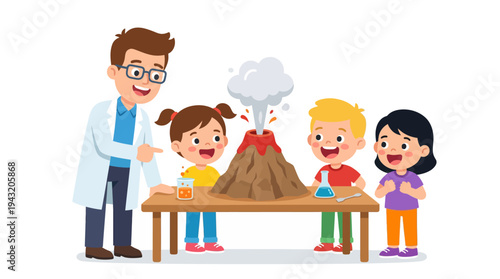 A teacher demonstrates a science experiment with a volcano model to a group of curious elementary school students, sparking their interest in learning