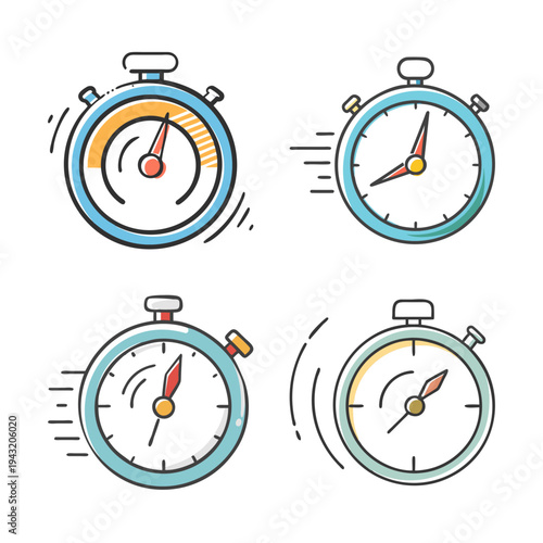 Four hand-drawn stopwatches with speed lines, indicating fast timing and quick measurement.