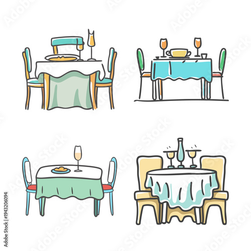 Four hand-drawn dining table setups with tablecloths, chairs, and place settings.