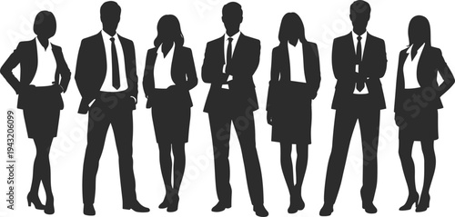 Group of professional business men and women silhouettes wearing formal suits and blazers standing in confident poses isolated on white background for corporate concepts.
