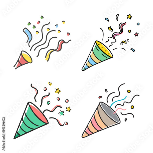 Collection of hand-drawn party poppers exploding with confetti and streamers