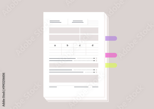 A stack of audit papers lies neatly arranged, featuring sections for data entry, notes, and annotations, ready for an important review session in the office.