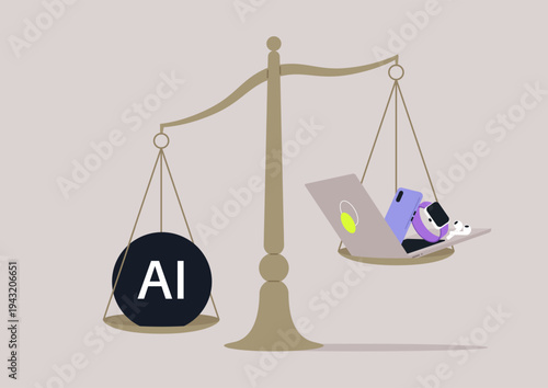 Classic Scales present a visual dialogue between artificial intelligence and modern devices, These scales balance the weight of progress, illustrating tech's evolving role in daily life.