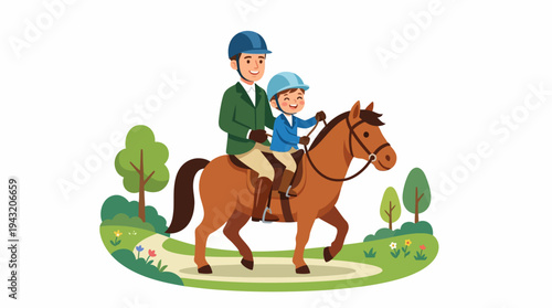 Father and son enjoying a horseback riding adventure on a sunny day with a scenic background, creating happy family memories