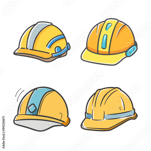 Collection of four yellow construction hard hats with blue accents for safety and protection.