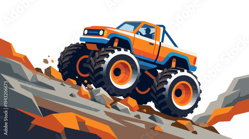 Powerful orange monster truck with large tires climbing a rocky hill in a dynamic illustration